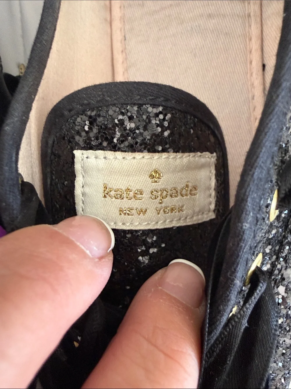 kate spade Black Glitter Ribbon Lace Sneakers with Gold Accents